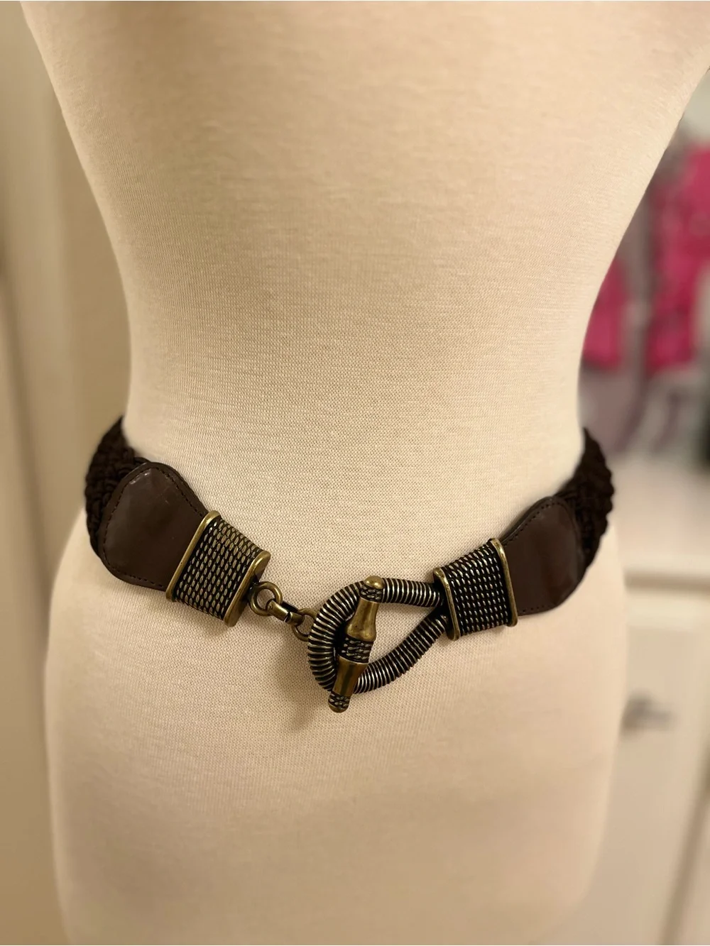 Another Line Espresso Woven Belt with Bronze Hook Buckle